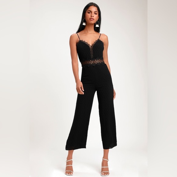 Lulus Pants - Lulus Leeta Black Swiss Dot Lace Wide-Leg Jumpsuit| large